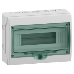 13444 Schneider - Coffret Kaedra 12 modules 1 rangée - étanche IP65 - Porte vitrée - Avec bornier de terre et serrure standard