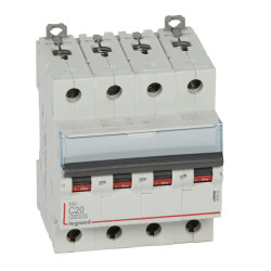 407929 Legrand DX3 - Disjoncteur tétrapolaire 20A 4P C20 6000A/10kA - 400V - Bornes à vis - 4 modules