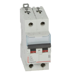 408027 Legrand DX3 - Disjoncteur bipolaire 6A 2P D6 6000A/10kA - Courbe D - 230V - À vis - 2 modules