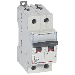 408032 Legrand DX3 - Disjoncteur bipolaire 20A 2P D20 6000A/10kA - Courbe D - 230V - À vis - 2 modules