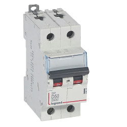 408036 Legrand DX3 - Disjoncteur bipolaire 50A 2P D50 6000A/10kA - Courbe D - 230V - À vis - 2 modules