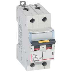 409222 Legrand DX3 - Disjoncteur bipolaire 20A 2P C20 10000A/16kA - 230V - Courbe C - À vis - 2 modules
