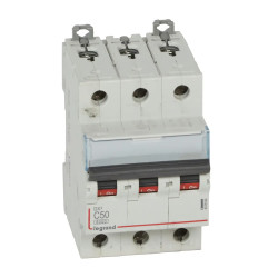 407864 Legrand DX3 - Disjoncteur triphasé 50A 3P C50 6000A/10kA - 400V - Bornes à vis - 3 modules