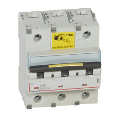 409280 Legrand DX3 - Disjoncteur triphasé 80A 3P C80 10000A/16kA - 400V - Courbe C - À vis - 4,5 modules