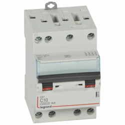 406908 Legrand DX3 - Disjoncteur tétrapolaire 10A 4P C10 - 4,5/6kA - 400V - Courbe C - Vis/vis - 3 modules - Peigne HX3