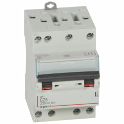 406912 Legrand DX3 - Disjoncteur tétrapolaire 25A 4P C25 - 4,5/6kA - 400V - Courbe C - Vis/vis - 3 modules - Peigne HX3