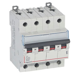 408148 Legrand DX3 - Disjoncteur tétrapolaire 20A 4P D20 6000A/10kA - Courbe D - 400V - À vis - 4 modules