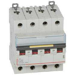 409356 Legrand DX3 - Disjoncteur tétrapolaire 20A 4P C20 10000A/16kA - 400V - Courbe C - À vis - 4 modules