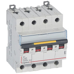 409360 Legrand DX3 - Disjoncteur tétrapolaire 50A 4P C50 10000A/16kA - 400V - Courbe C - À vis - 4 modules