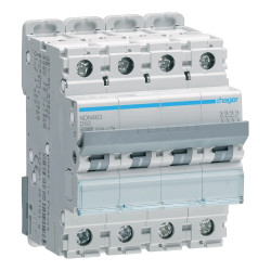 NDN463 - Disjoncteur Hager tétrapolaire 63A - 4P - 10/15kA - courbe D - Bornes à vis alignées - 4 modules