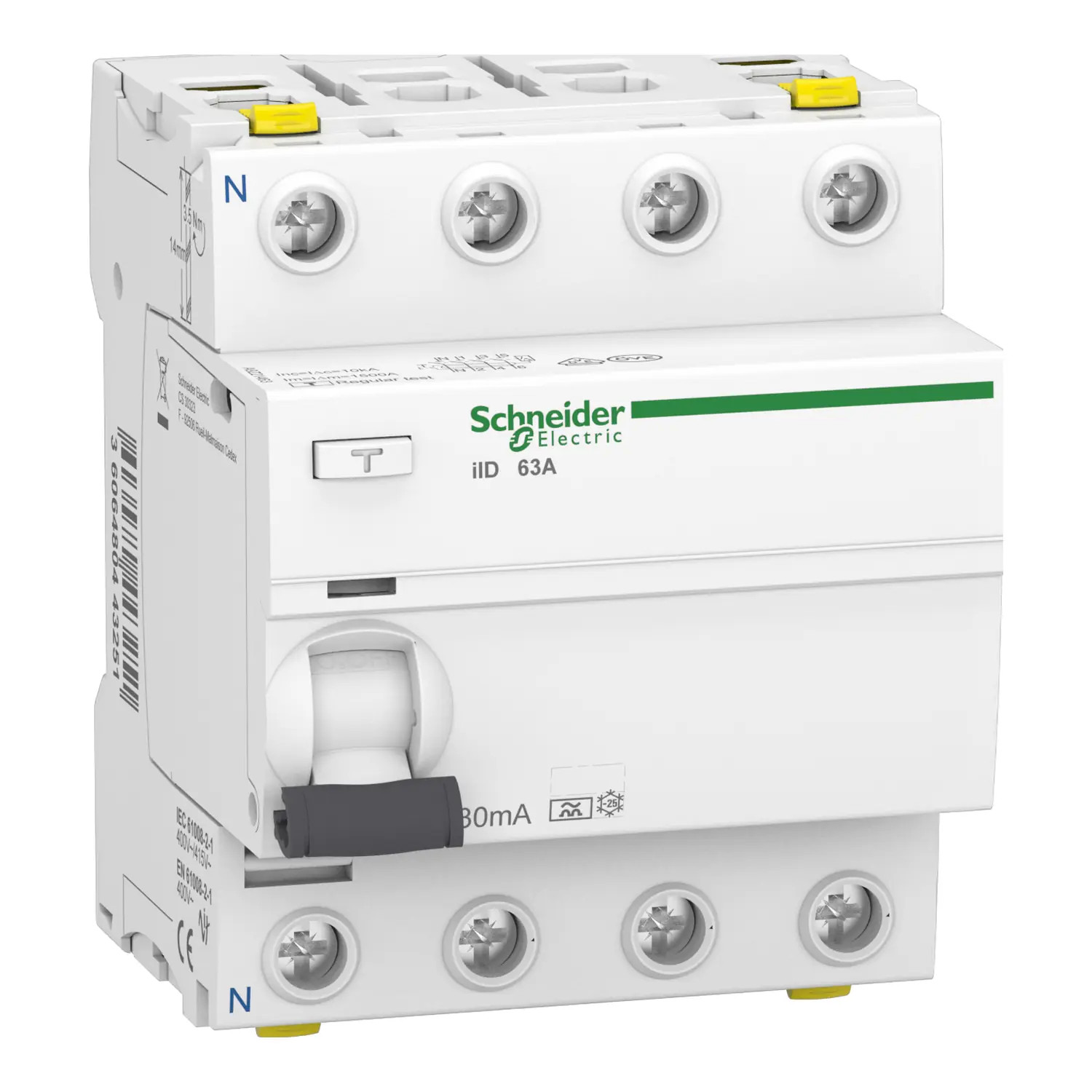 A9Z21463 Schneider - Interrupteur différentiel tétra 4P 63A 30mA Type A - Auxiliarisable - Doubles bornes - Acti9 iID