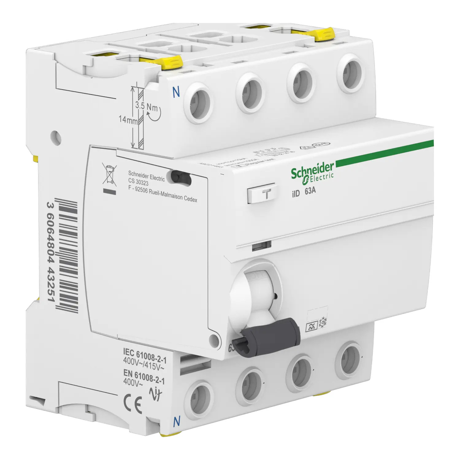A9Z21463 Schneider - Interrupteur différentiel tétra 4P 63A 30mA Type A - Auxiliarisable - Doubles bornes - Acti9 iID
