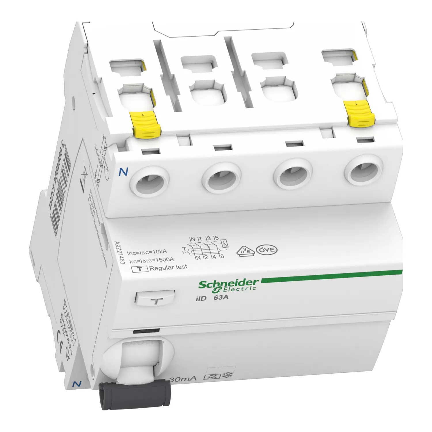 A9Z21463 Schneider - Interrupteur différentiel tétra 4P 63A 30mA Type A - Auxiliarisable - Doubles bornes - Acti9 iID