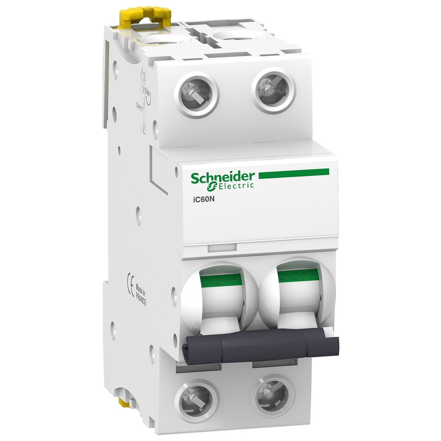 A9F74203 Schneider iC60N - Disjoncteur bipolaire 3A - 2P - Courbe C - 6/50kA - Bornes à vis - Acti9 iC60