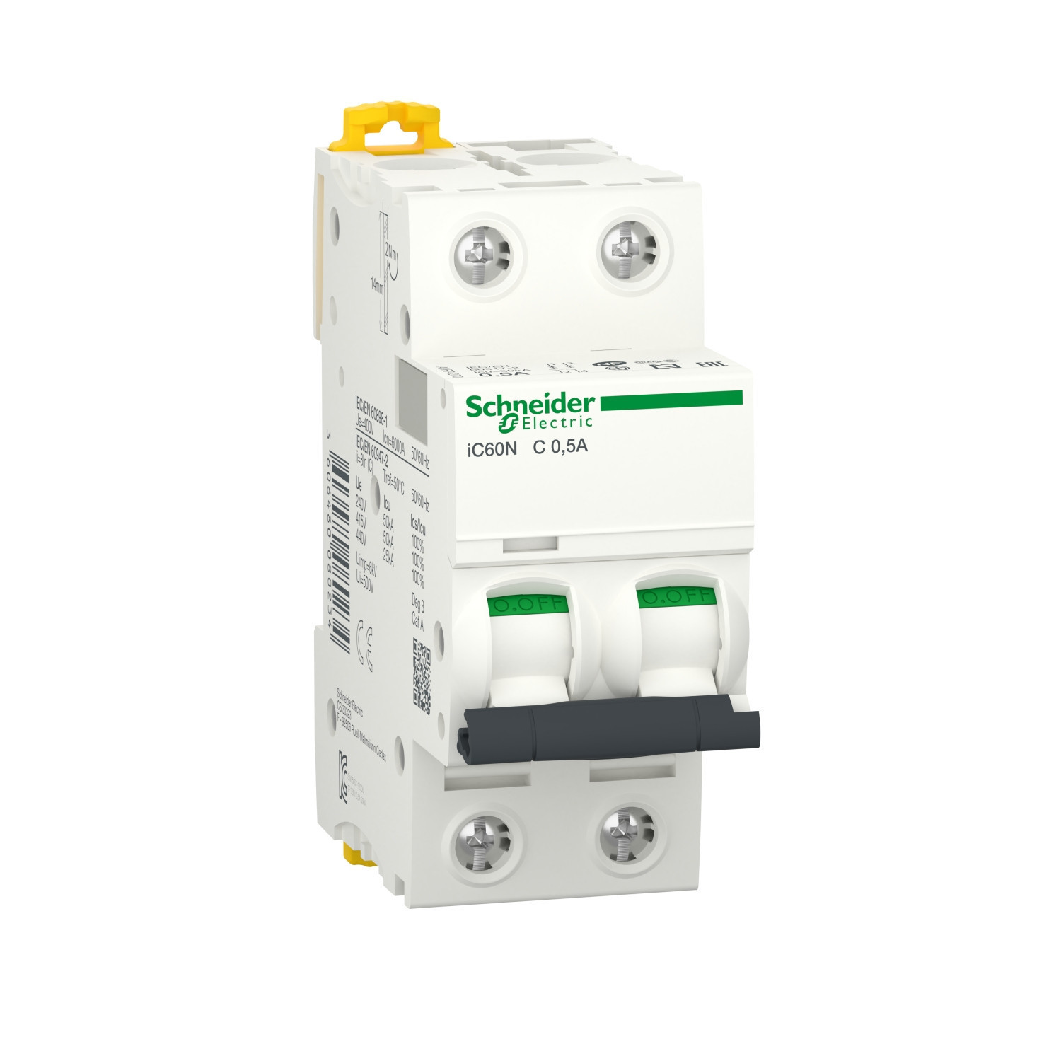 A9F74270 Schneider iC60N - Disjoncteur bipolaire 0,5A - 2P - Courbe C - 6/50kA - Bornes à vis - Acti9 iC60