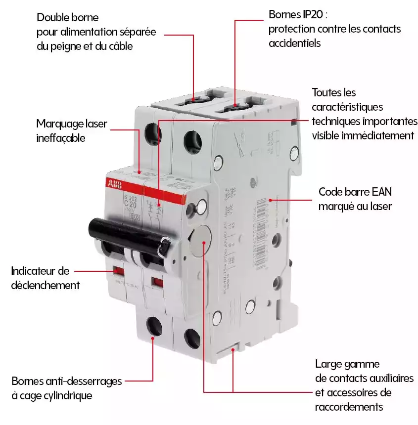 Infographie présentant les principales caractéristiques d'un  disjoncteur S202 de la gamme ABB S200.