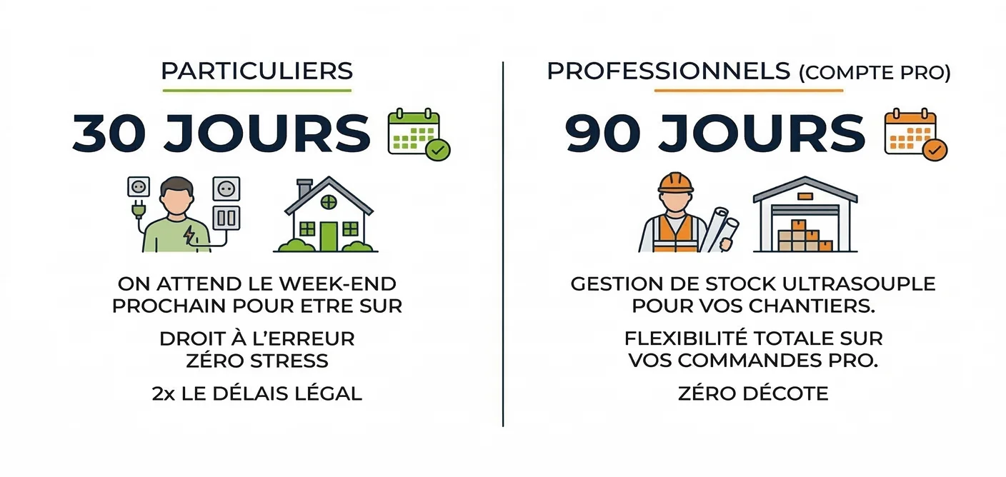 Délais de retour étendus au delà du délais légal chez Elec-Fournitures.com